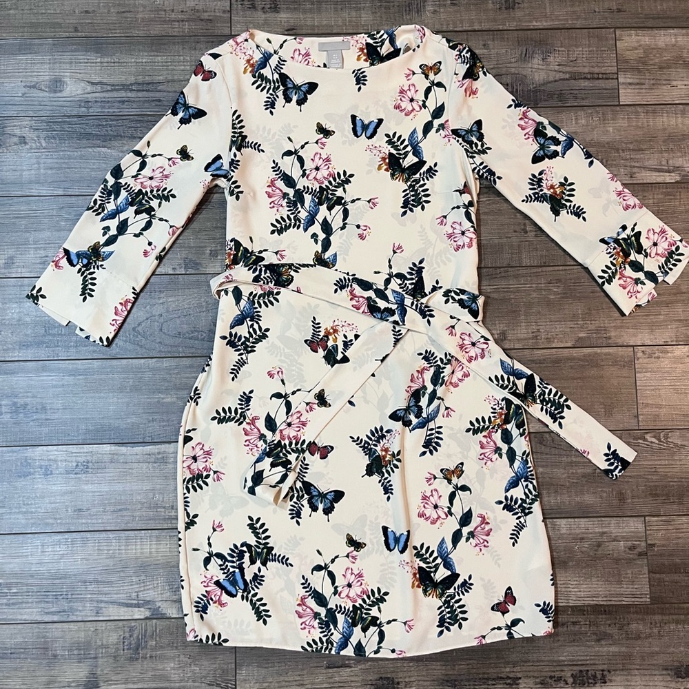 H&M Kids Dress with Floral and Butterfly Print - Cream and Blue